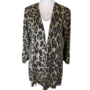 C Est. 1946 khaki green animal print open front cardigan sweater, thin knit L